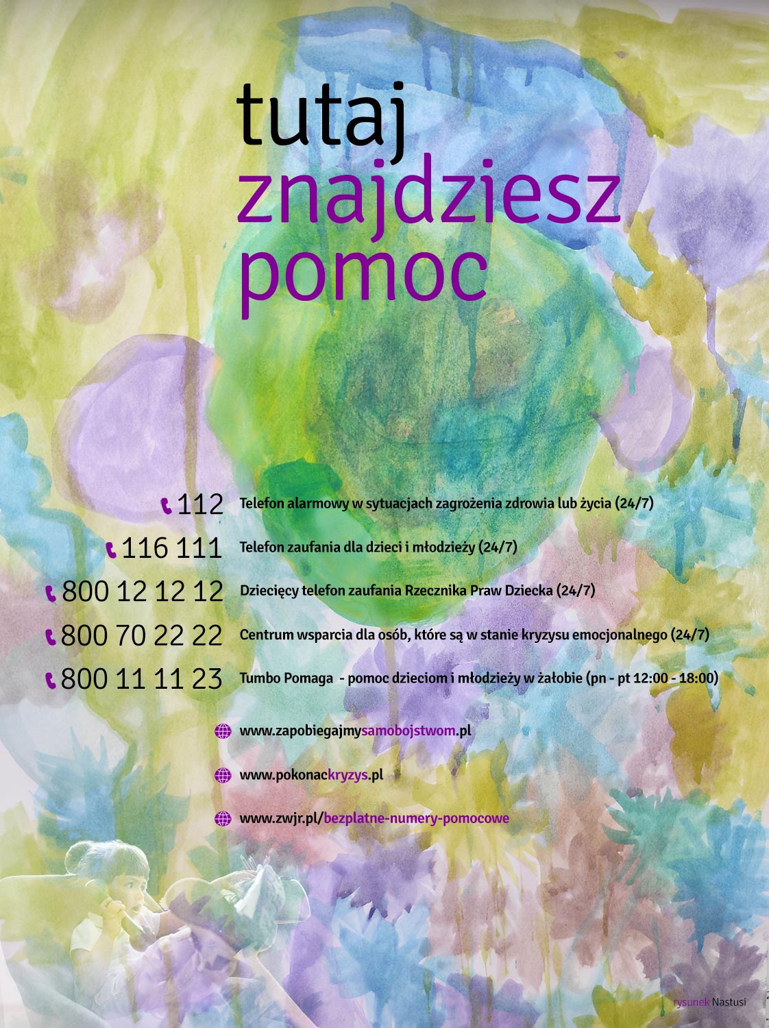 Plakat z numerami telefonów pomocowych dla małoletnich